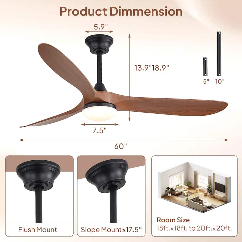 Sofucor 60"Ceiling Fan with Light and Remote Control,Outdoor/Indoor High CFM Quiet 3 ABS Blades for Patio,Porch,Farmhouse,Gazebo