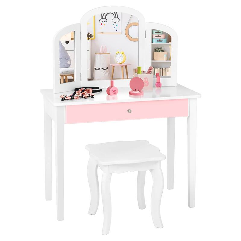 Kids Vanity Set with Mirror Toddler Beauty Makeup Dressing Table Set - White