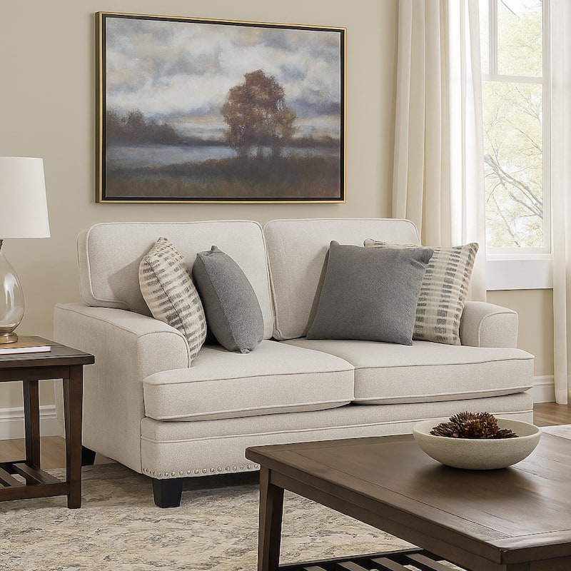 Brady Loveseat with 4 Pillows, Sand Brown Chenille, Nailhead, 66 Inch