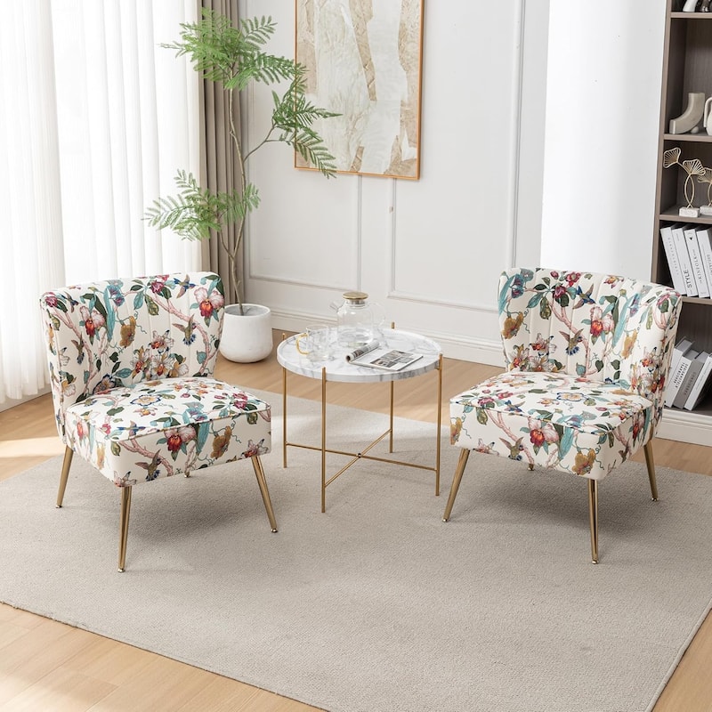 Velvet Floral Accent Chair (Set of 2) with Gold Legs, Modern Comfy Tufted Side Chair for Living Room/Bedroom - Beige