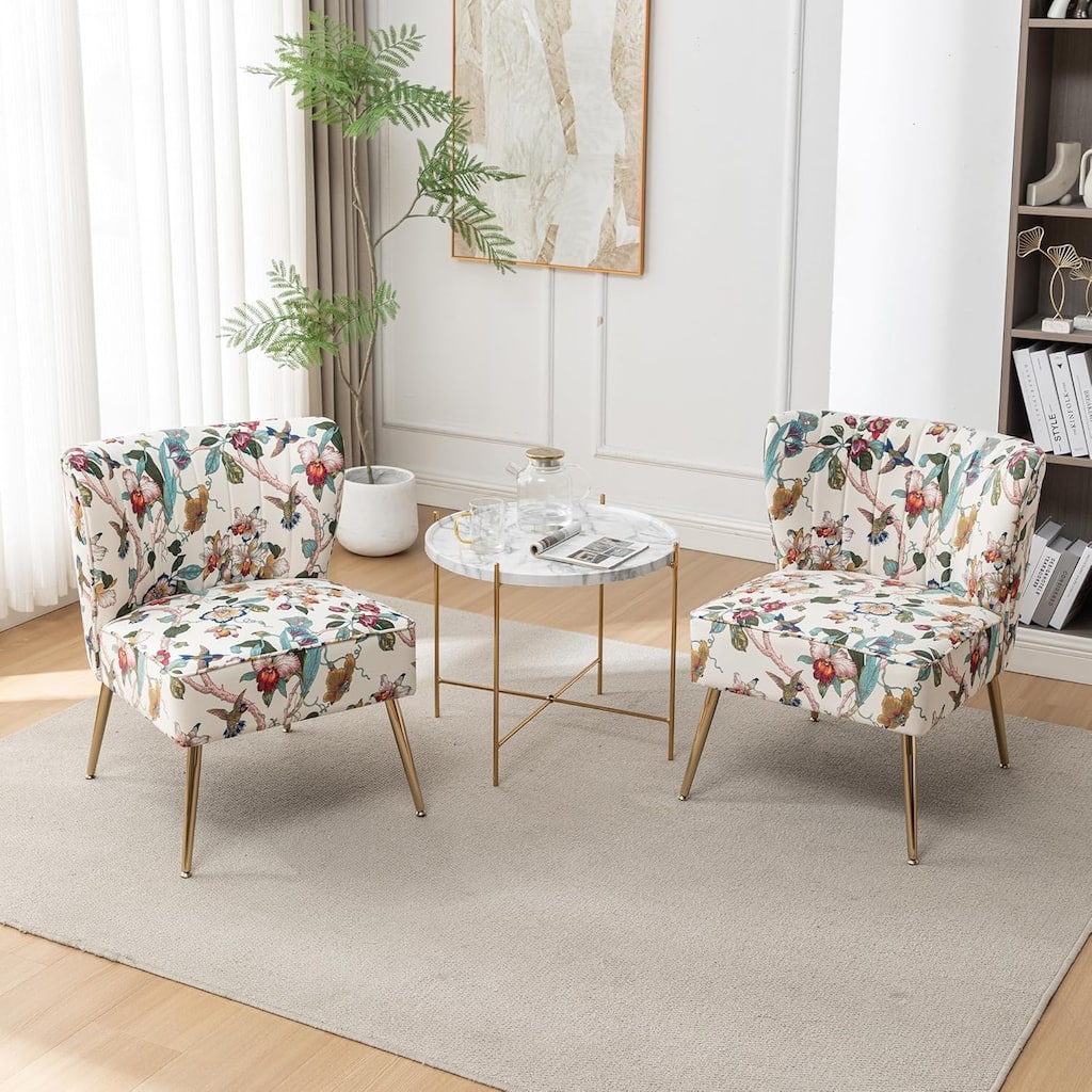 Velvet Floral Accent Chair (Set of 2) with Gold Legs, Modern Comfy Tufted Side Chair for Living Room/Bedroom