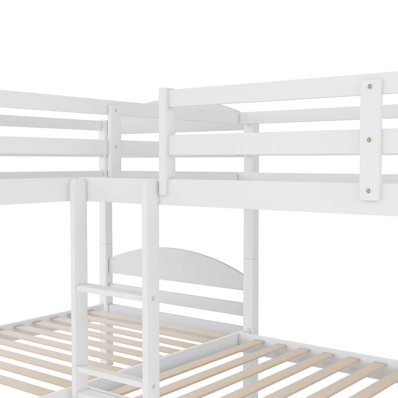 L-shaped Bunk Bed with Trundle for 5, Twin Over Twin Wooden Bed with Safety Guardrails, Space-Saving Design for Kids and Guests