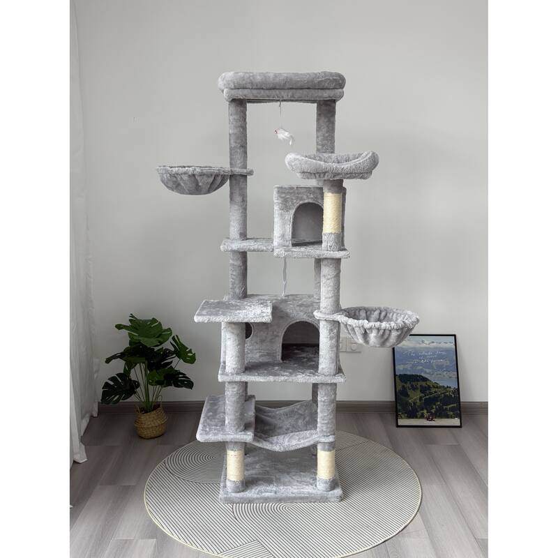 68 in Tall Multi-Level Green Cat Tree with Hammocks, Hanging Basket, Cat Cave, Removeable Cushion, Scratching Posts