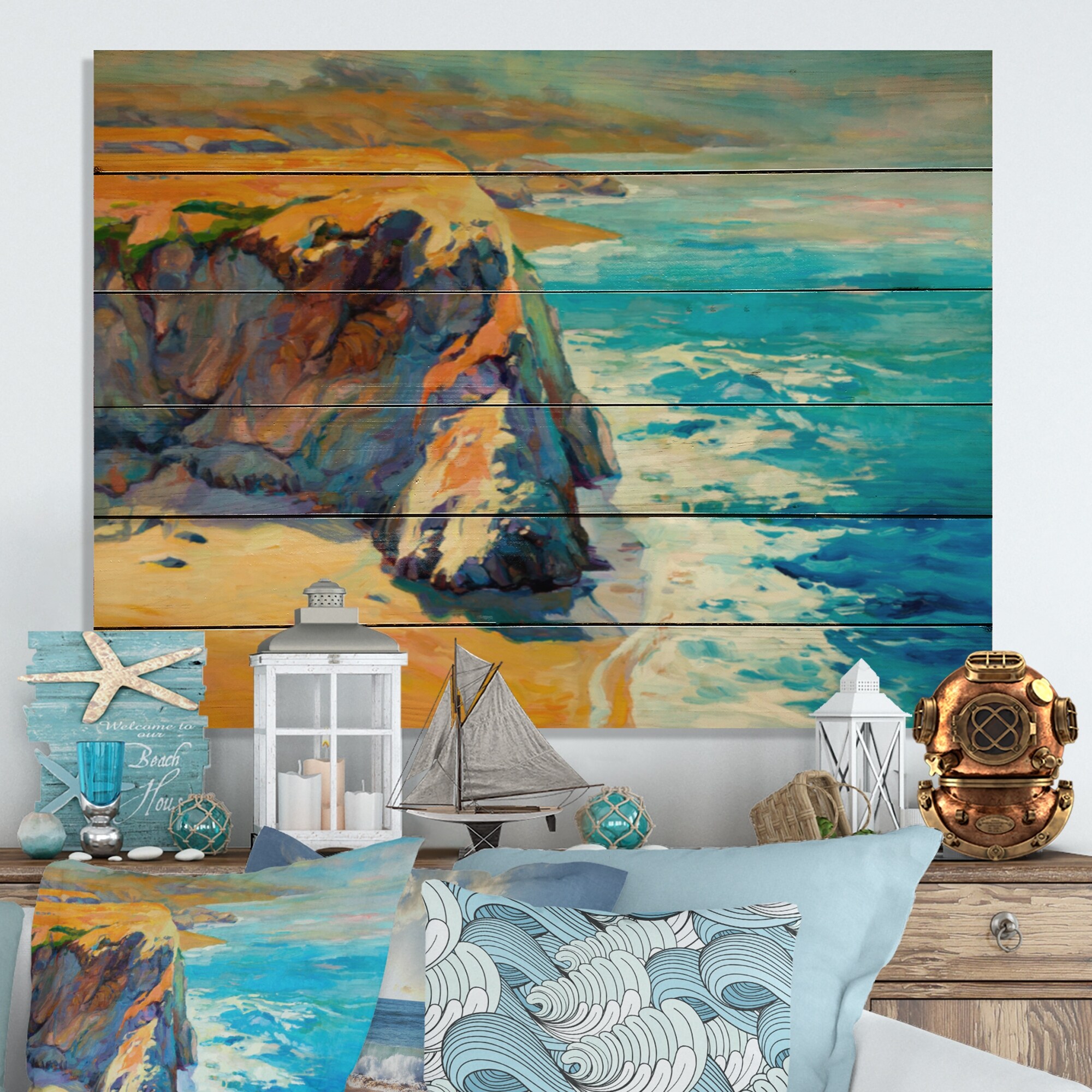 Designart 'Colorful Blue Ocean And Orange Cliffs' Nautical  Coastal Wood  Wall Art Panels Natural Pine Wood Bed Bath  Beyond 36735007