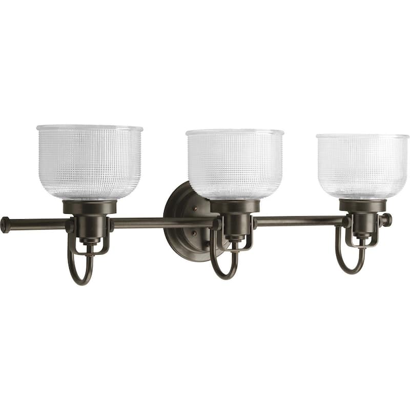 Archie Collection Three-Light Venetian Bronze Clear Double Prismatic Glass Coastal Bath Vanity Light - 8.75" x 26.25" x 7.25"