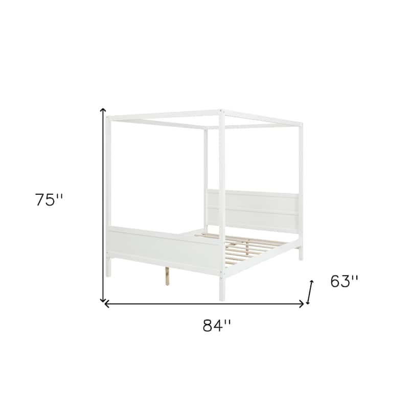 HomeRoots White Inlaid Panels Wood Queen Canopy Bed