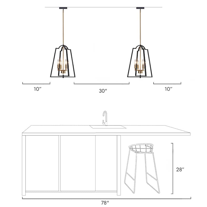 Modern Farmhouse Black Gold 4-Light Lantern Geometric Chandelier Candle Kitchen Island Pendant Light - 14" W x 17.5" H