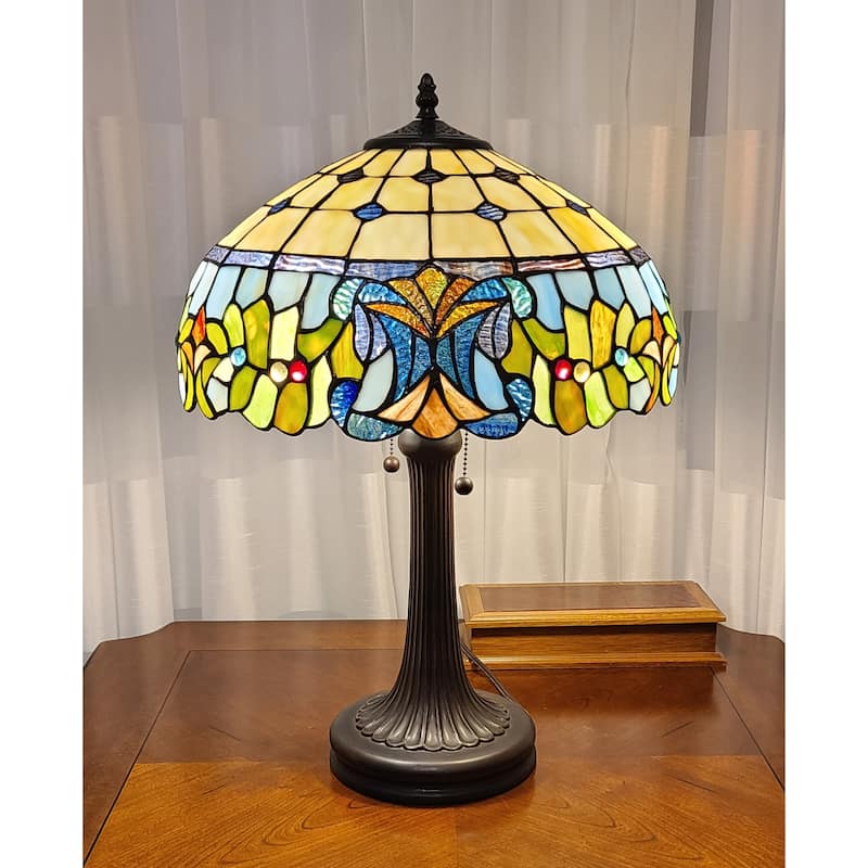 HomeRoots 23" Stained Glass Two Light Jeweled Floral Accent Table Lamp - 21 x 23 x 12