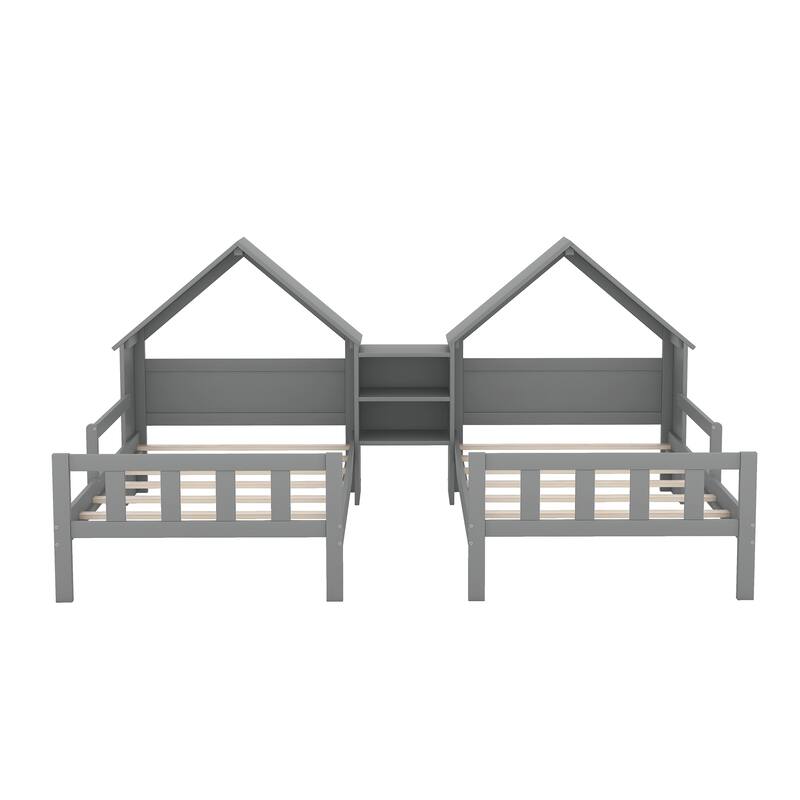 Double Twin Platform Bed with Rustic House-Shaped Headboard and Built-in Nightstand, Solid Pine Wood