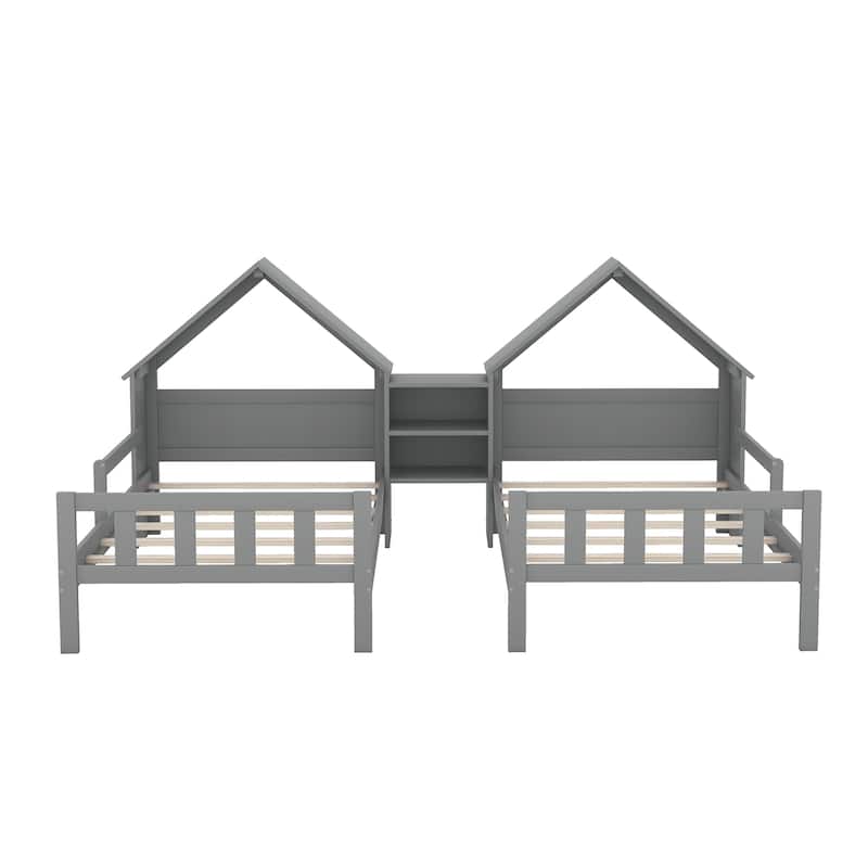 Double Twin Size Platform Beds with Headboard and Built in Nightstand