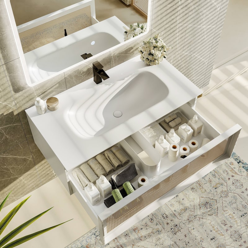 Eviva Nets 39"W Natural Oak Bath Vanity with WH Solid Surface Top