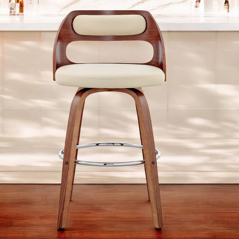 Faux Leather Swivel Bar Chair with Full Back and Walnut Wood Frame