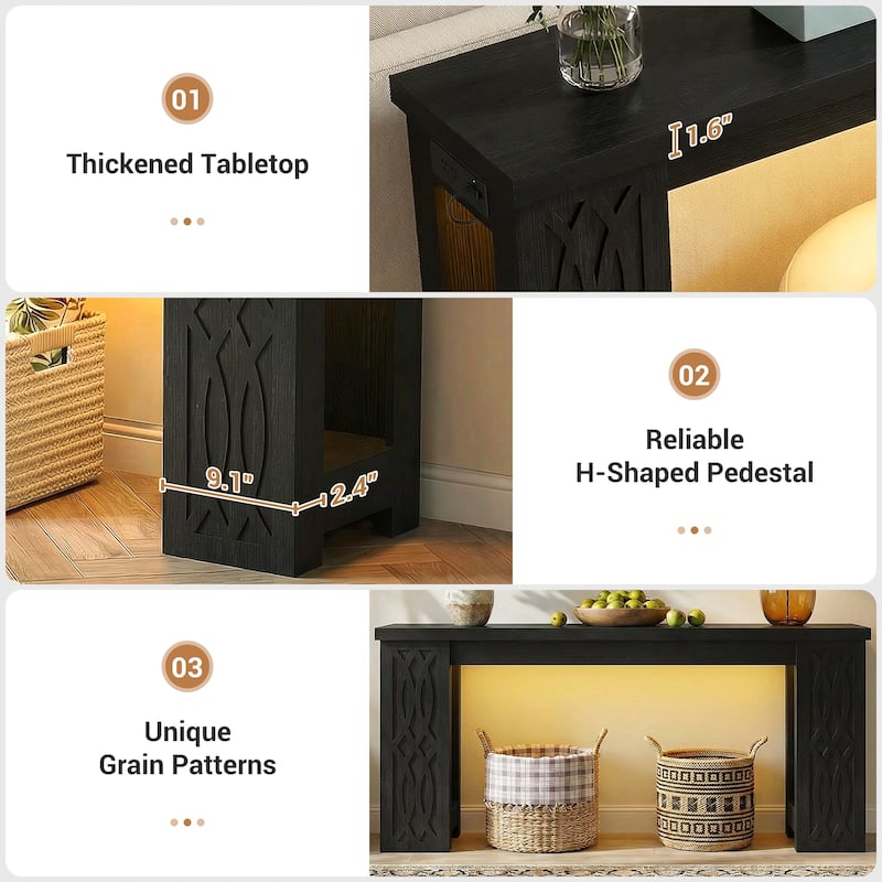 63" Farmhouse Console Table with RGB LED Lights ＆ Power Outlets, Unique Carved Design Entryway Table, Wooden Sofa Table