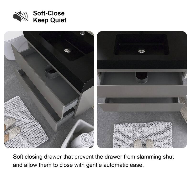 24"/30"/36" Wall-Mounted Bathroom Vanity Set with Black Integrated Quartz Sand Sink