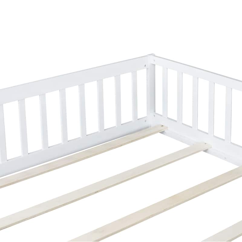 Queen Size Floor Bed with Fence,Door,Rubber Wood Floor Bed with Safety Guardrails