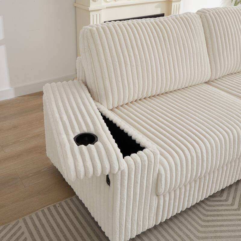 110" Oversized L-Shaped Corduroy Corner Sofa with Two USB Ports and Two Cup-holder