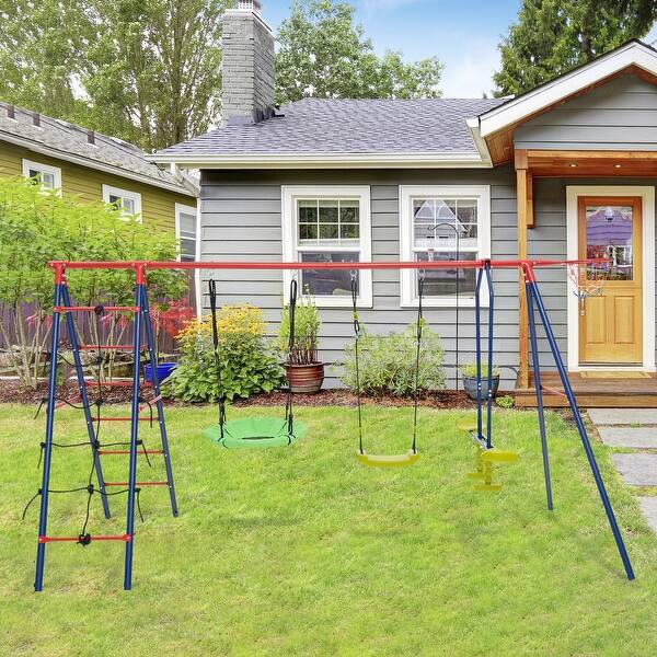 slide 2 of 8, Costway Swing Set for Backyard with 2 Height Adjustable Swings Glider - See Details Red + Blue - See Details