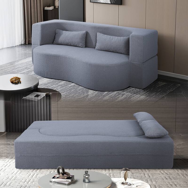 2-in-1 Convertible Loveseat Sofa Bed, Full Size Floor Bed Mattress, Folding Teddy Fabric Futon Couch with 2 Pillows
