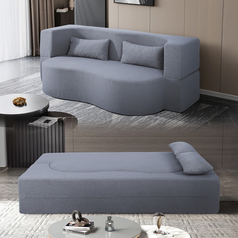Modern 2-Seater Sofa 2-in-1 Folding Sofa Bed with 2 Pillows, Soft Teddy Fabric and Non-Slip Bottom, for Living Room, Dorm