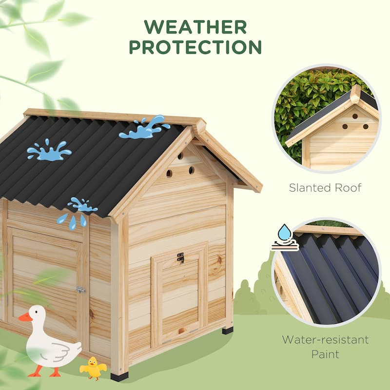 PawHut Duck Coop, Wooden Duck House, Outdoor Small Animal House with Openable Roof, Double Doors, Removable Base