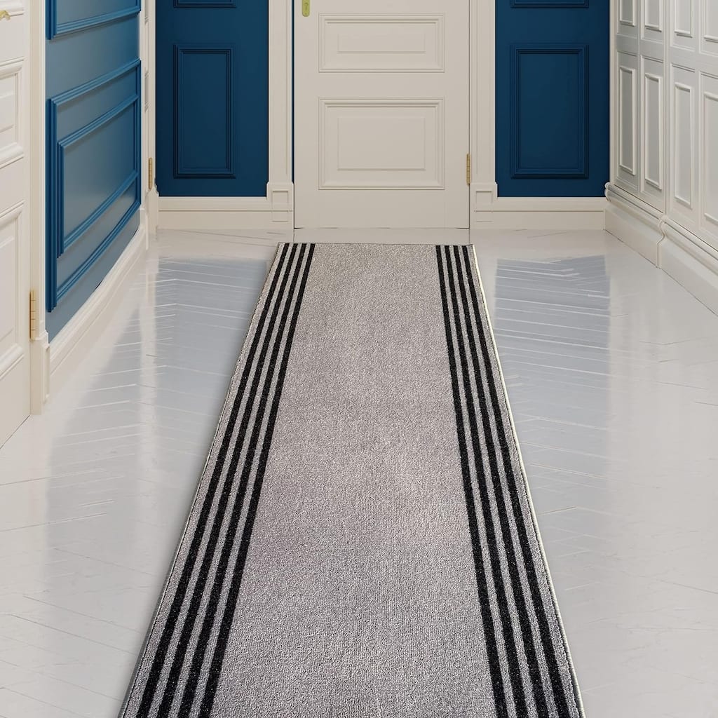 Custom Size Stripes Border Design Black&Gray Color Non-Slip Rubber Backing- 31 Inch WidexYour Choice of Length Runner Rug