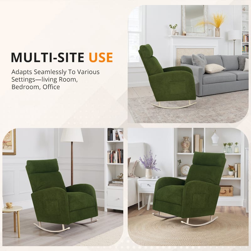 Chenille Nursery Armchair Rocking Chair Set of 1 with Metal Legs with Side Pocket for Living Room