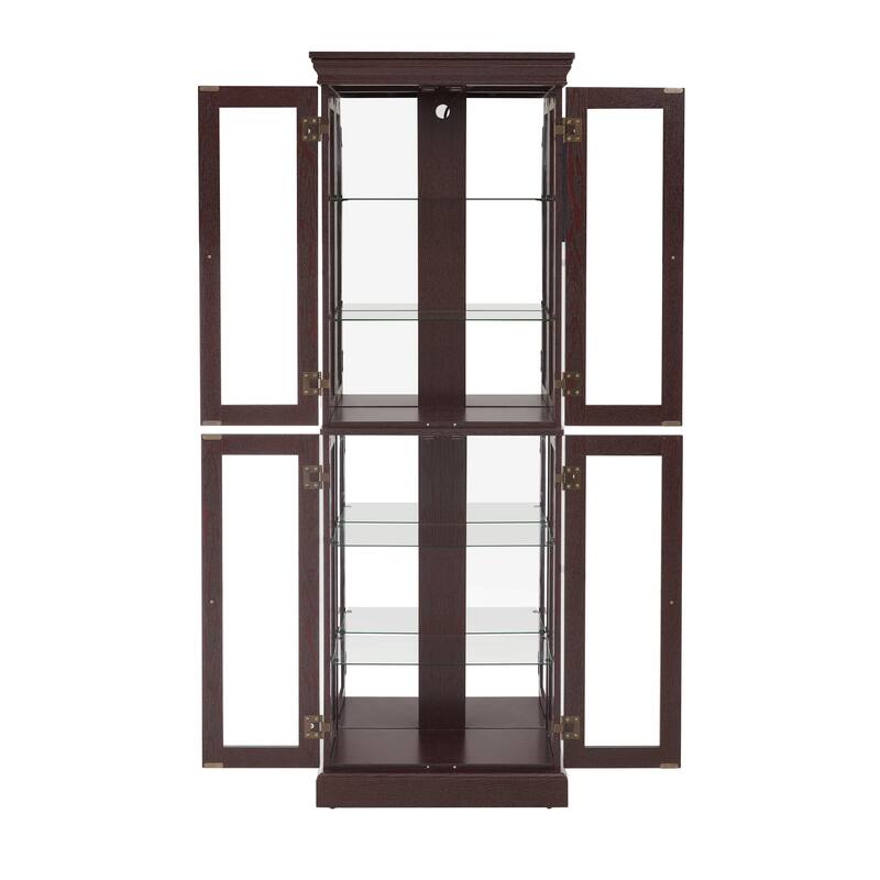 Lighted Curio Display Cabinet, Floor Standing Wooden China Cabinet with Mirrored Back Pane, 4 Glass Doors & Adjustable Shelves