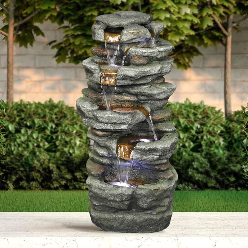Outdoor Rockery Fountain, Outdoor Water Fountain with LED Lights