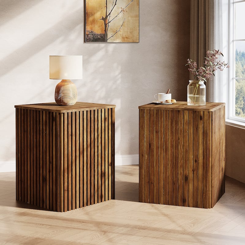 Solid Wood End Table with Storage, Fluted Bedside Table Nightstand(Set of 2) - 18.9" D x 18.9" W x 24.21" H