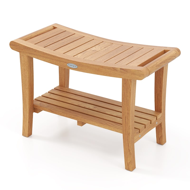 Gymax 30'' Large Teak Shower Stool w/ Storage Shelf Non-slip &