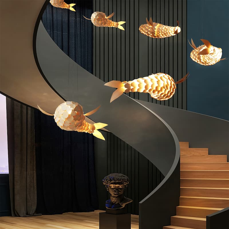 Handmade Fish-shaped Ceiling Lamp Wood Pendant Light - 40 in.H x 11 in.H