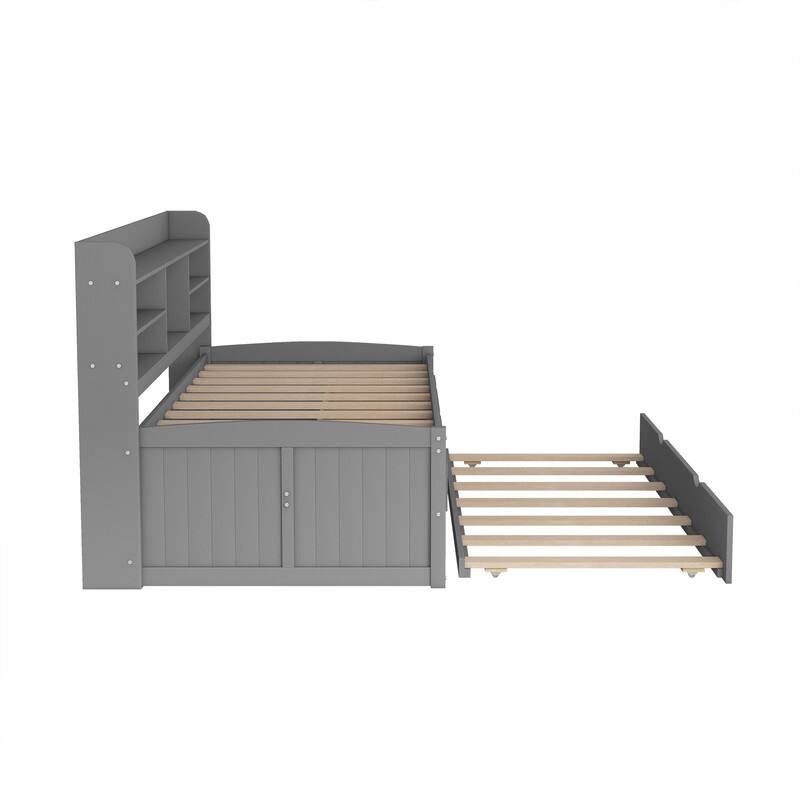 Wooden Bed with Built-in Bookshelves,Three Storage Drawers and Trundle