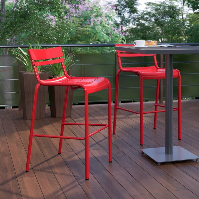 2PK Modern Commercial Grade 2 Slat Indoor/Outdoor Steel Bar Stool