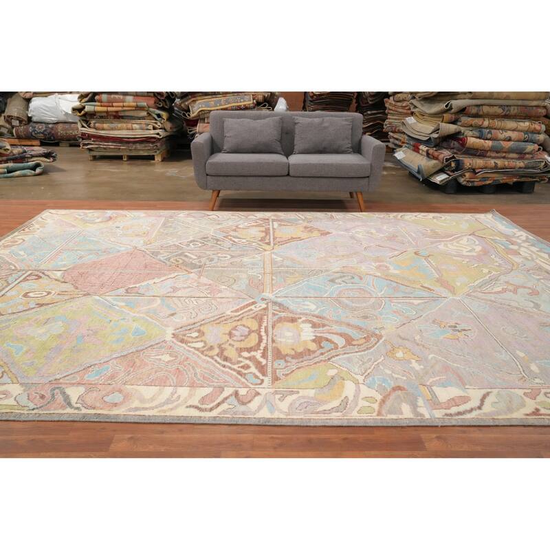 Hand Knotted Oriental 100% Wool Carpet Transitional Geometric Multi-Colored Oushak Area Rug - 12' 10'' X 9' 11''