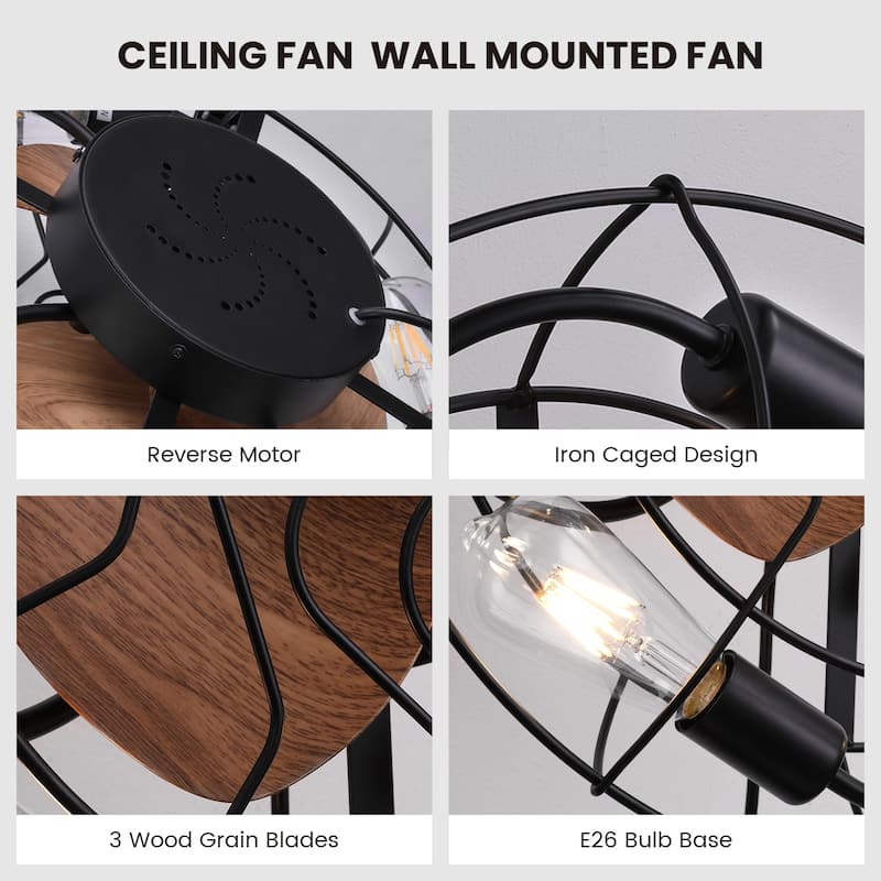 20" Fansconce Indoor/Outdoor Wall Mount Ceiling Fan with Lights and Remote, Industrial Ceiling Fan for Patio Garage