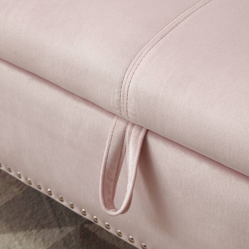 Elegant Light Pink Velvet Nailhead Trim Storage Ottoman Bench