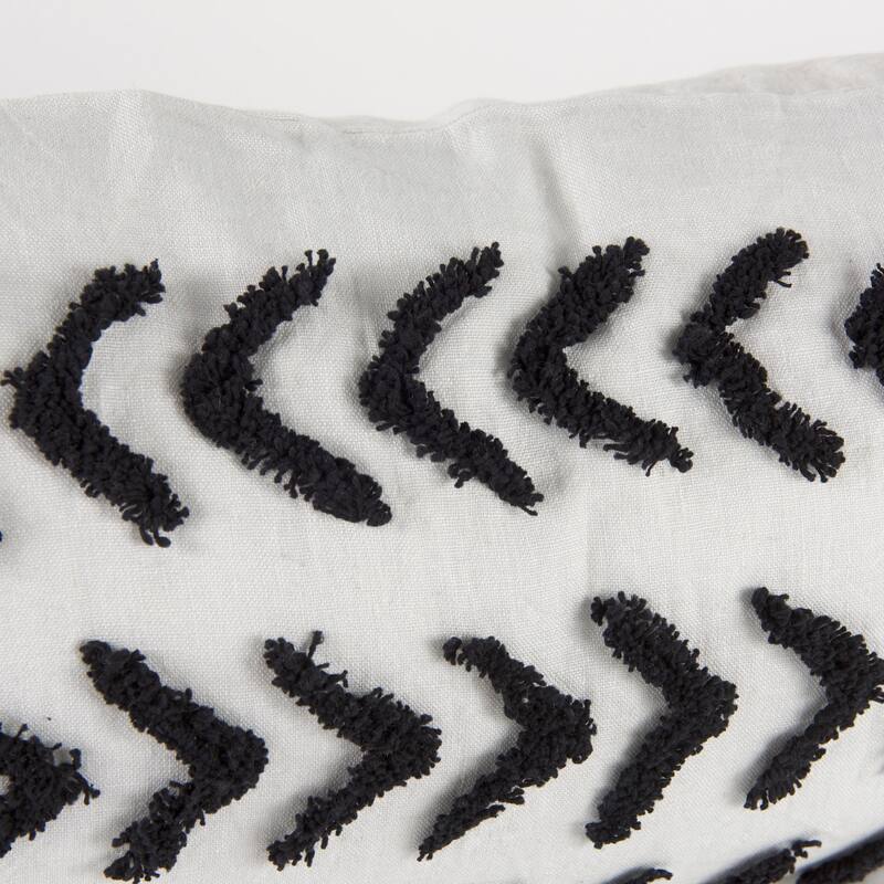 Kimia 14L x 26W White, Gray, and Black Fabric Herringbone and Fringed Decorative Pillow Cover