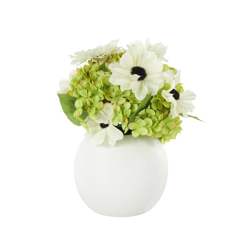 Fabric Artificial Flower with Green Leaves and Round Ceramic Vase - White - Roche River Decor