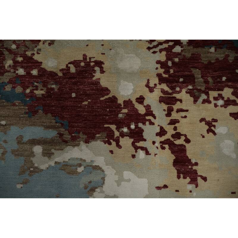 Hand Knotted Oriental Silk Carpet Modern Abstract Navy Blue & Blues Contemporary Area Rug - 10' 2'' X 8' 1''