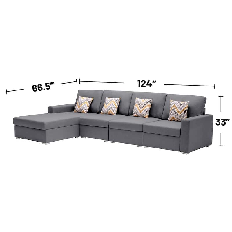 Linen Fabric 4 Piece Reversible Sectional Sofa Chaise with Pillows and Interchangeable Legs in Grey