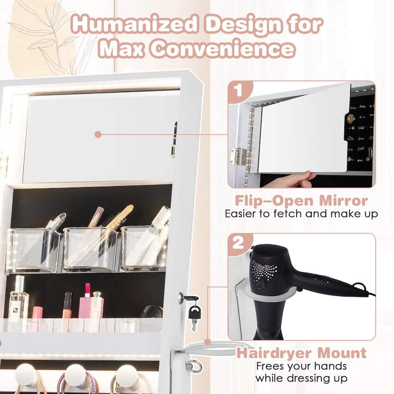 Gymax Standing Jewelry Cabinet Full Length Mirror Lockable w/ 3-Color