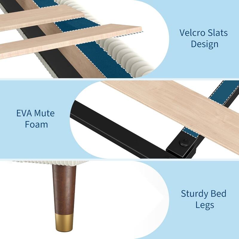 Bed Frame Upholstered Platform Bed with Fabric Headboard, Non-Slip and Noise-Free, Wooden/Metal Slats Support, No Box