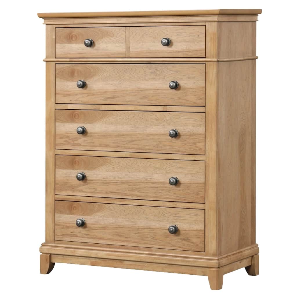 Lexa Tall Dresser Chest, 5 Drawers, Natural Oak Brown Wood, Pewter Metal