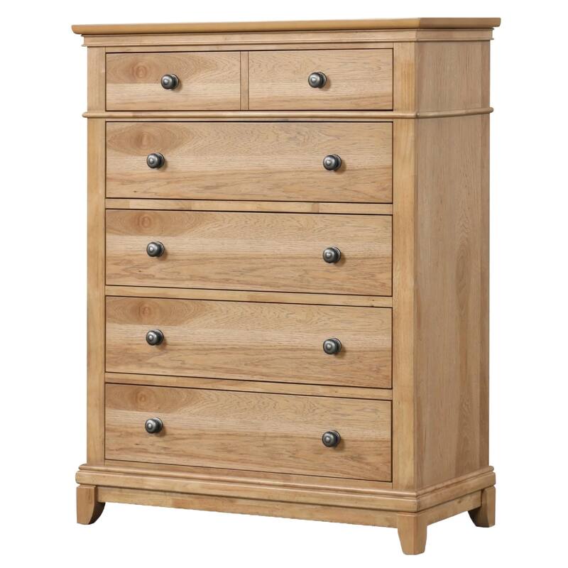 Lexa Tall Dresser Chest, 5 Drawers, Natural Oak Brown Wood, Pewter Metal