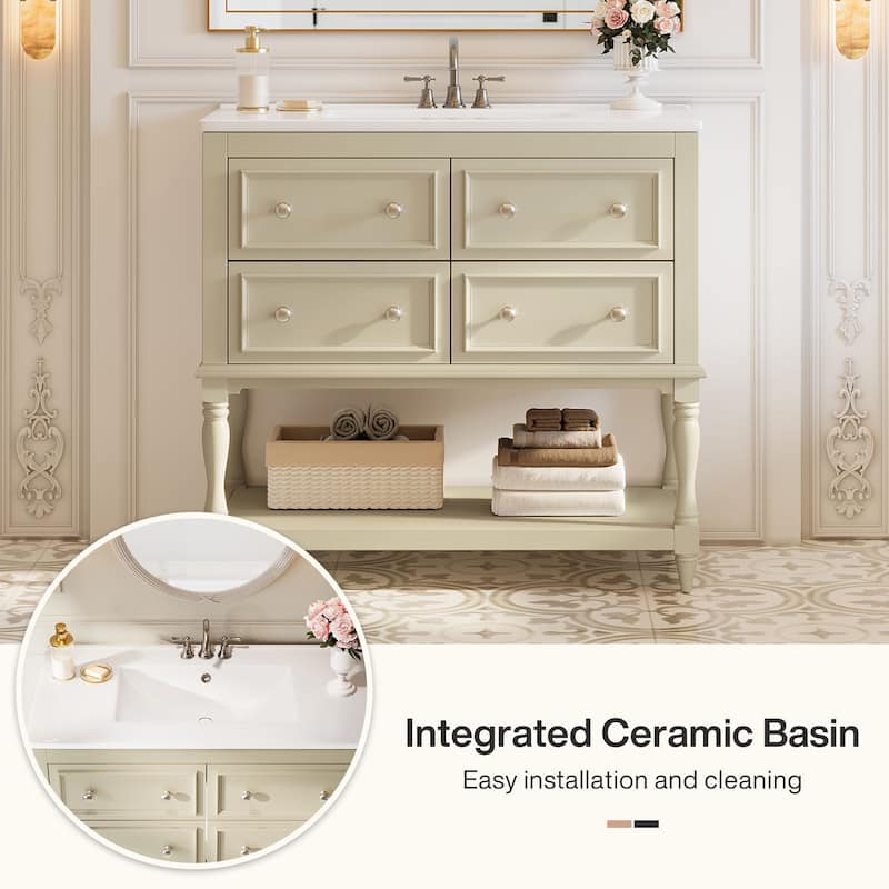 36" Modern Bathroom Vanity with Ceramic Basin, 4 Drawers