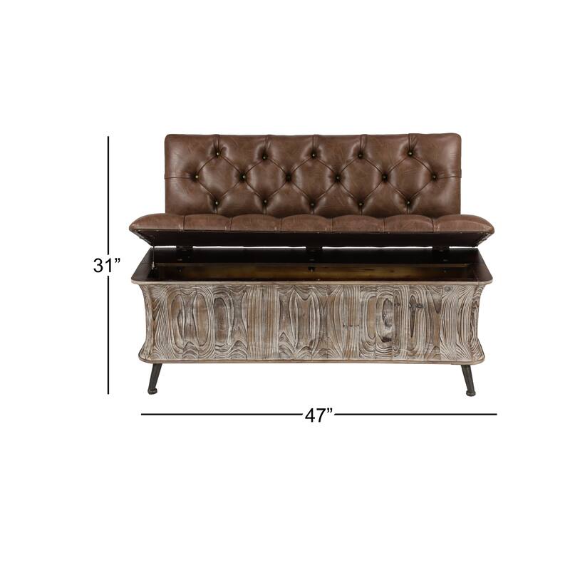 Brown Wood Storage Bench with Tufted Faux Leather Seat and Back