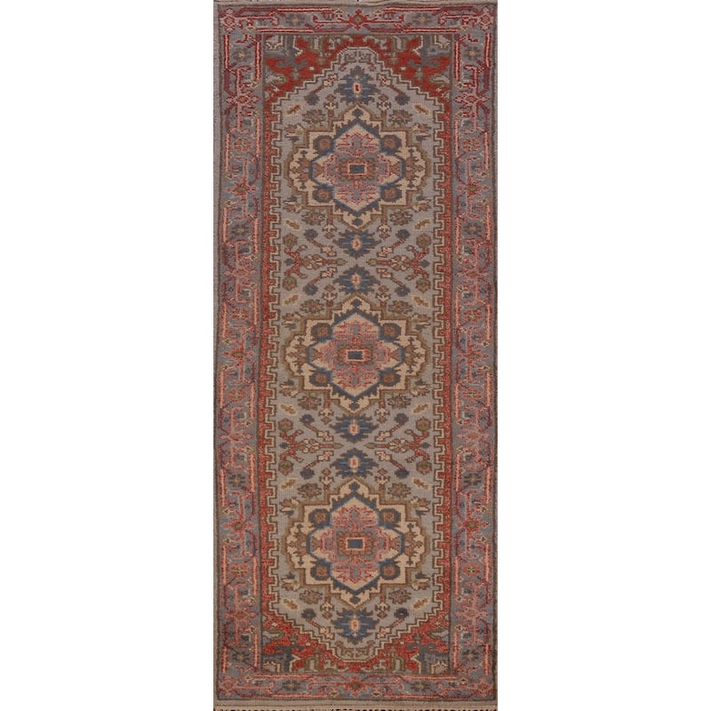 Hand Knotted Oriental 100% Wool Carpet Traditional Geometric Greys & Charcoal Heriz (serapi) Runner Rug - 8' 2'' X 2' 7''