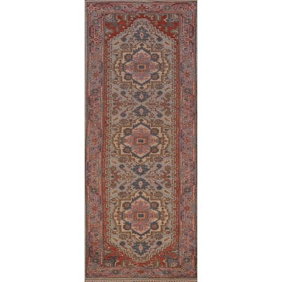 Hand Knotted Oriental 100% Wool Carpet Traditional Geometric Greys & Charcoal Heriz (serapi) Runner Rug - 8' 2'' X 2' 7''