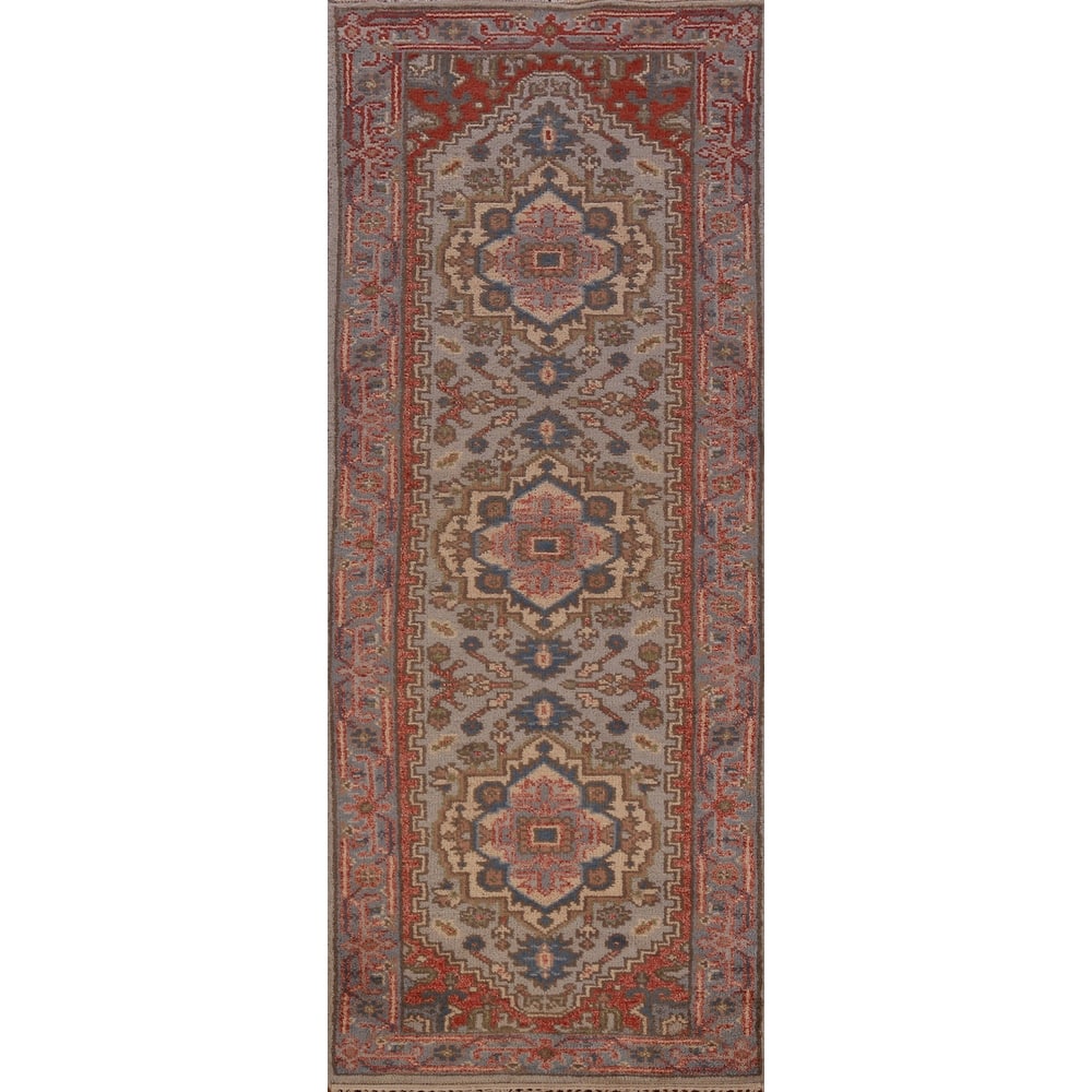 Hand Knotted Oriental 100% Wool Carpet Traditional Geometric Greys & Charcoal Heriz (serapi) Runner Rug - 8' 2'' X 2' 7''