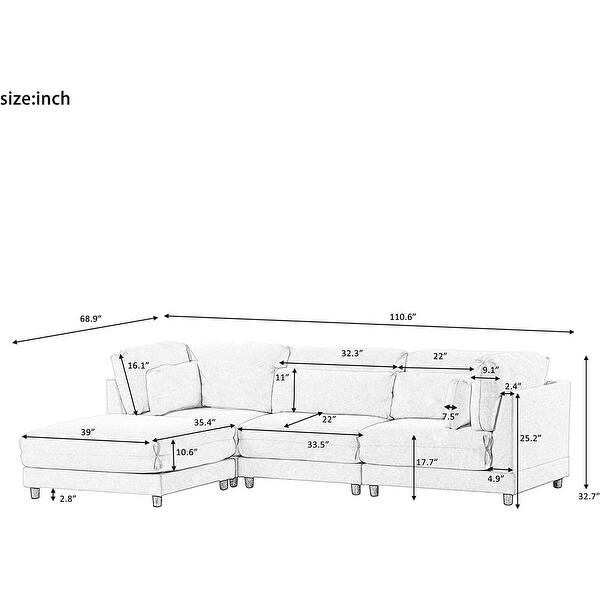 2 Pieces L Shaped Sofa with Removable Ottomans and Comfortable Waist